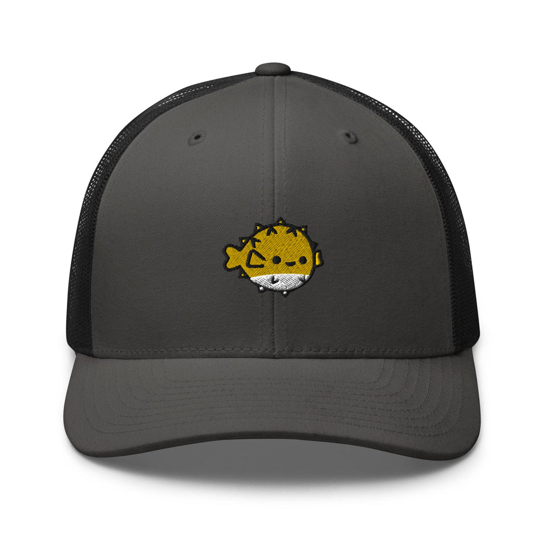 a gray and black hat with a picture of a cat on it