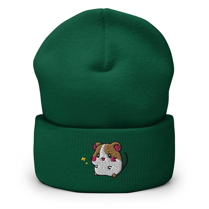 a green beanie with a dog on it