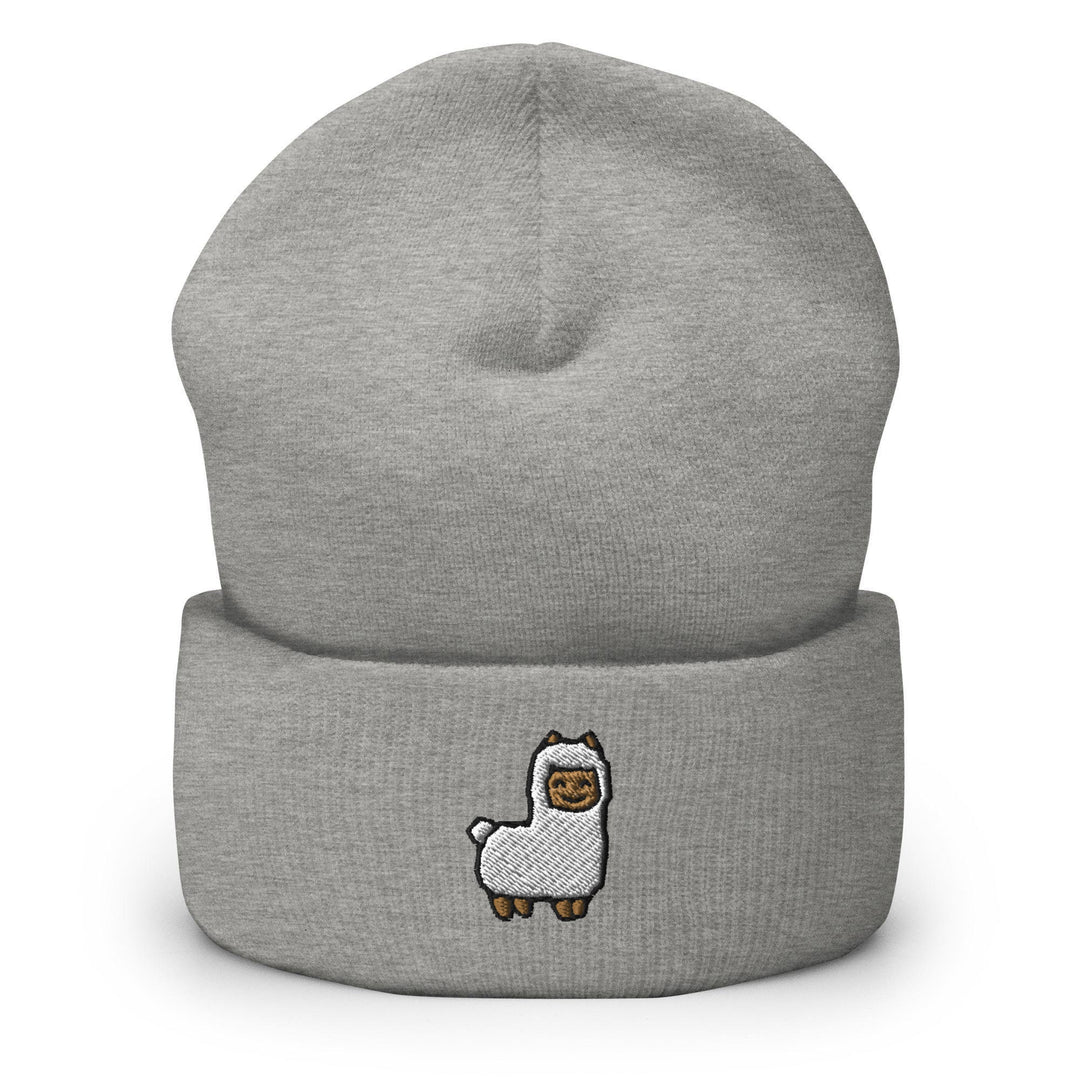 a grey beanie with a white llama on it