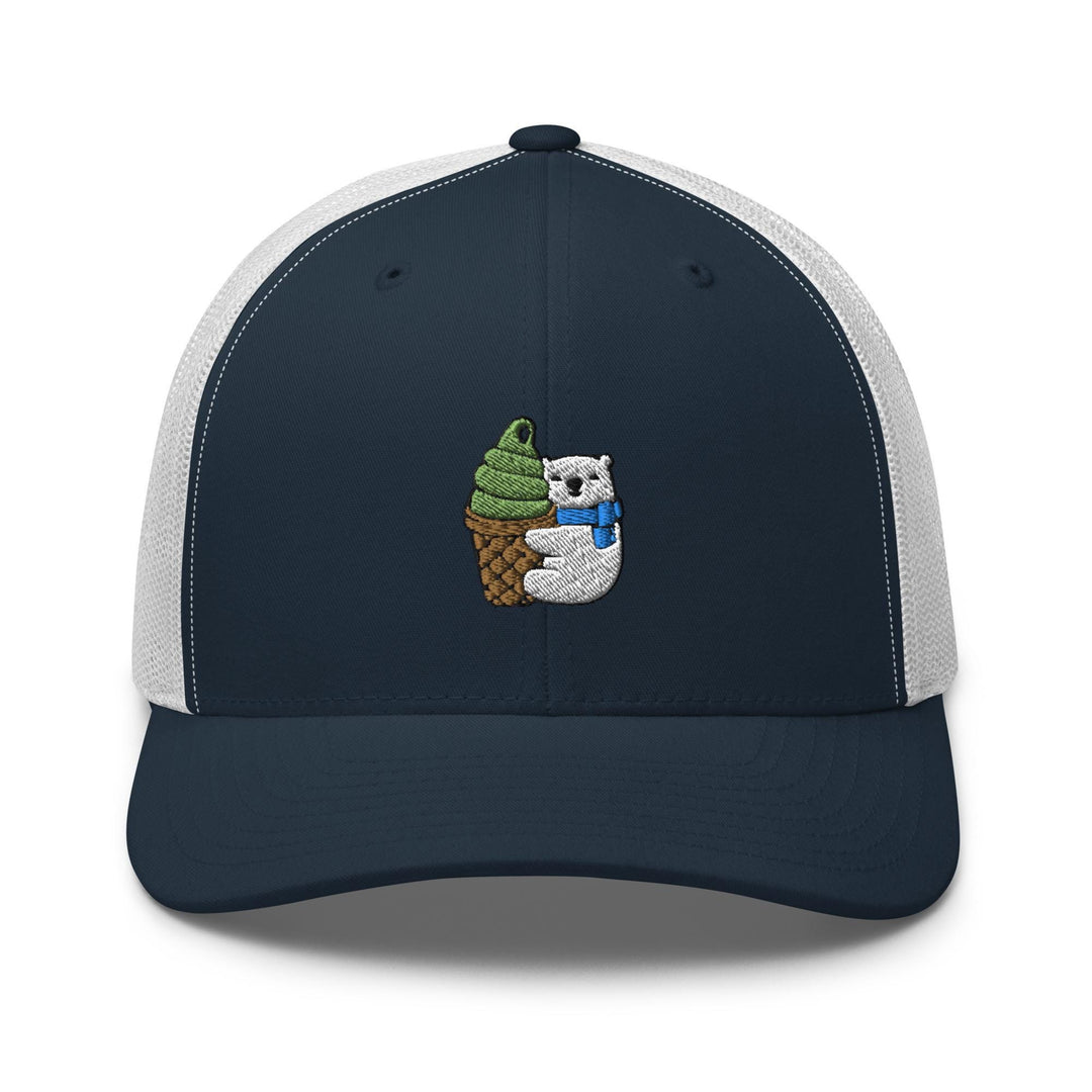 a blue and white trucker hat with an image of an owl holding an ice