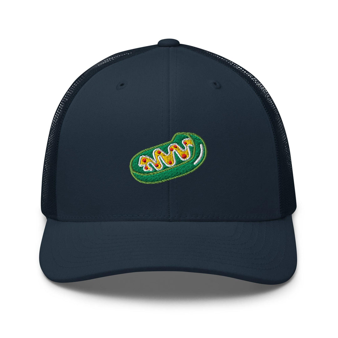 a navy hat with a green and yellow logo