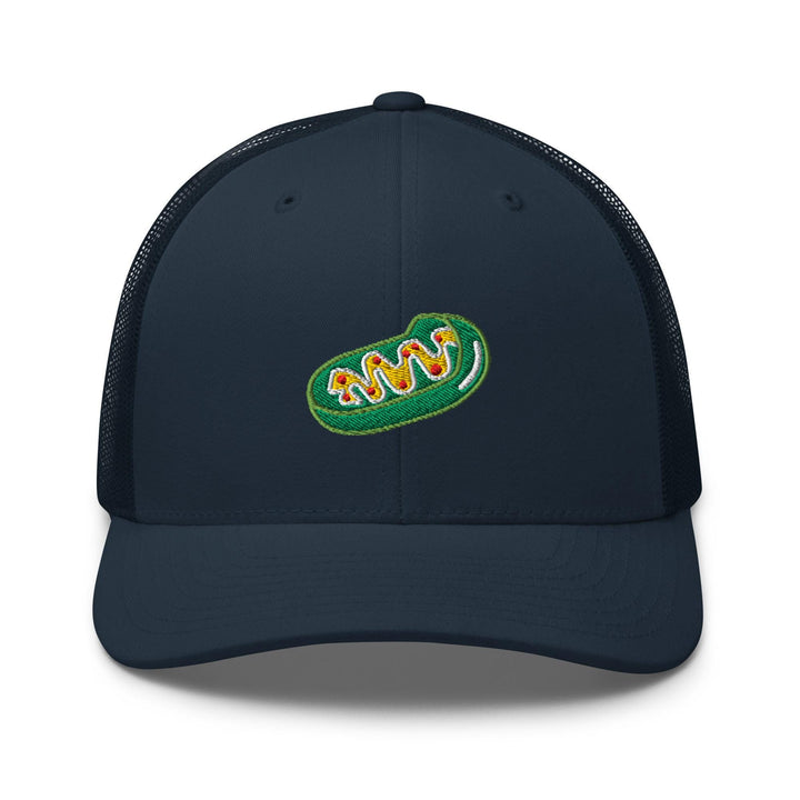 a navy hat with a green and yellow logo