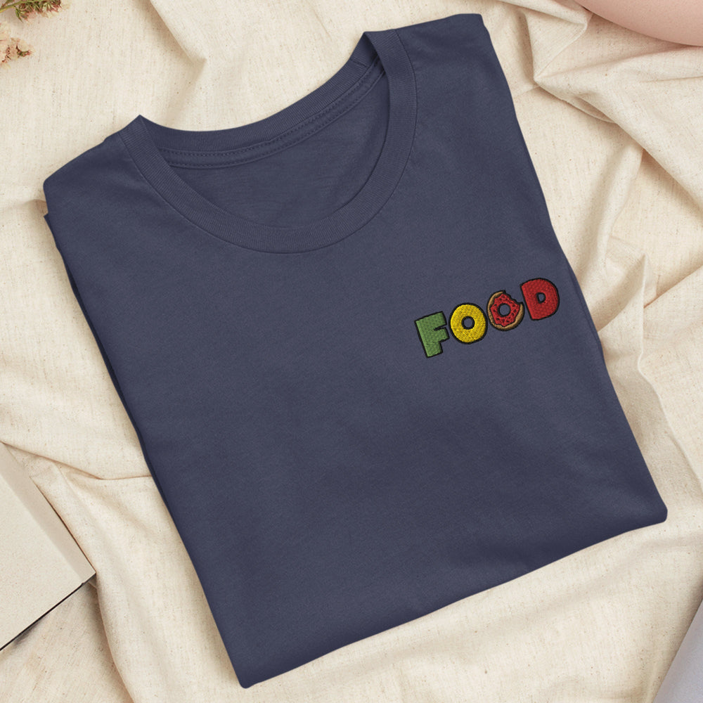 a t - shirt with the word food on it