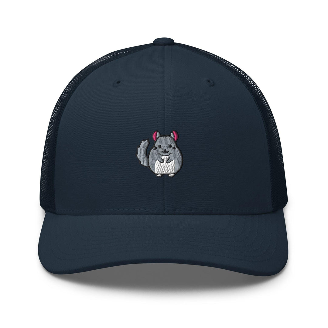 a blue trucker hat with an image of a rabbit on it