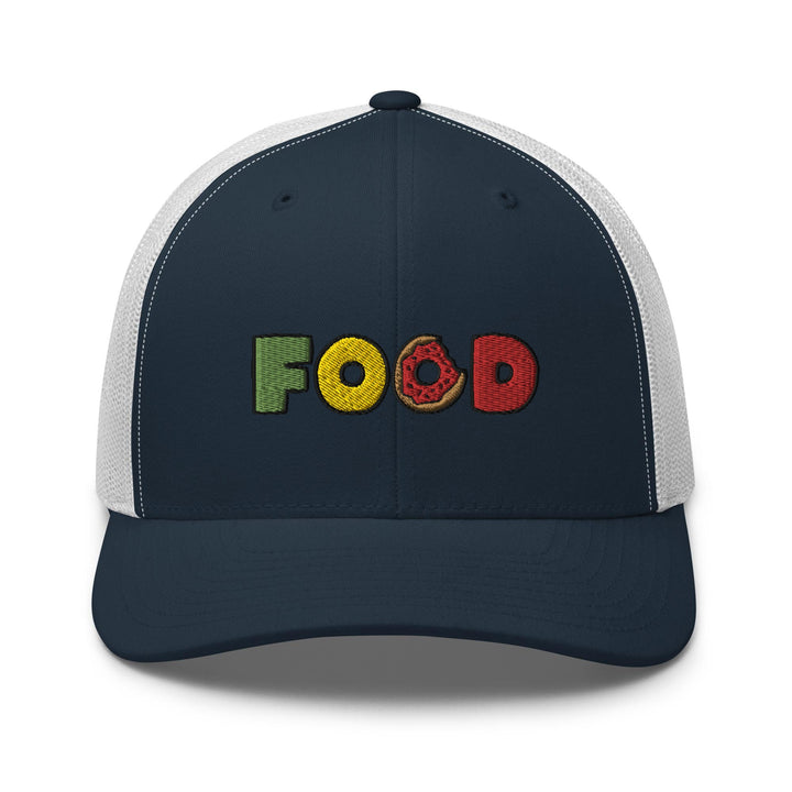 a trucker hat with the word food printed on it
