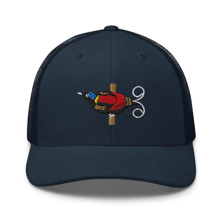 a blue hat with a picture of a parrot on it