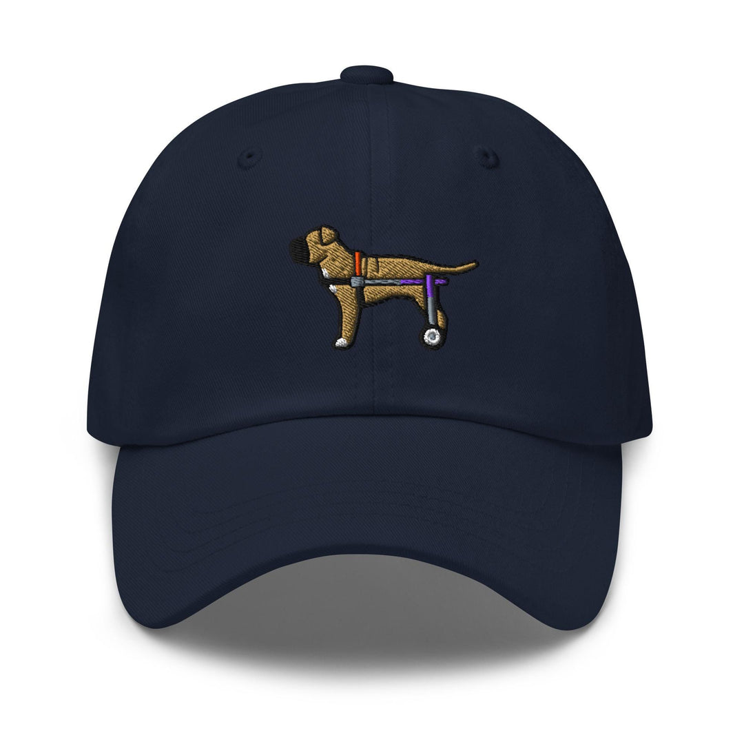a blue hat with a dog on it