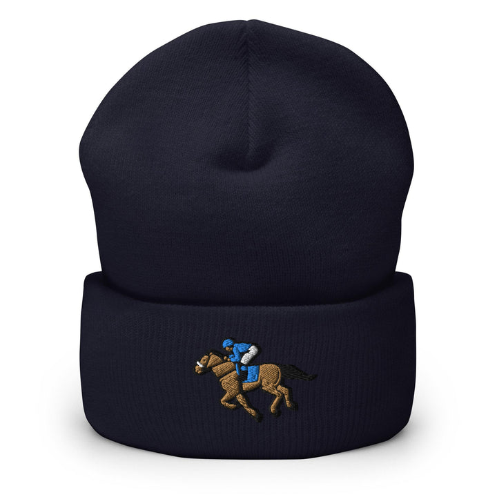 a hat with a horse and jockey on it