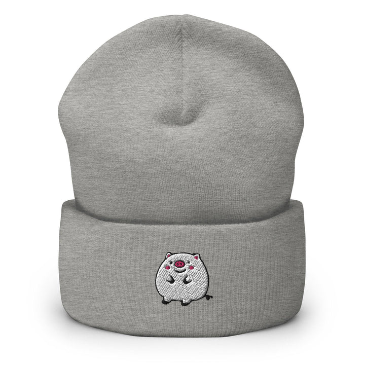a grey beanie with a cartoon character on it
