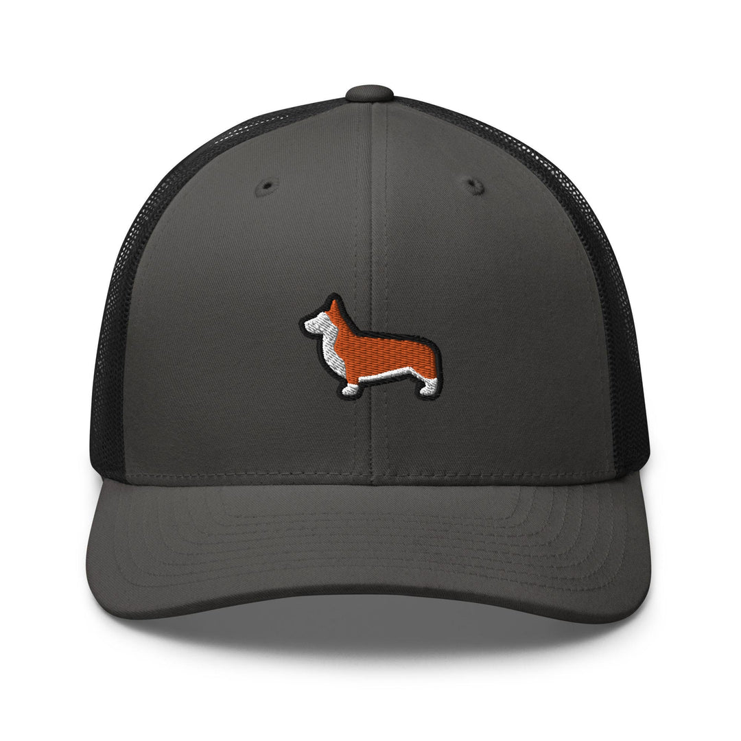 a grey and black trucker hat with a corgi embroidered on the front