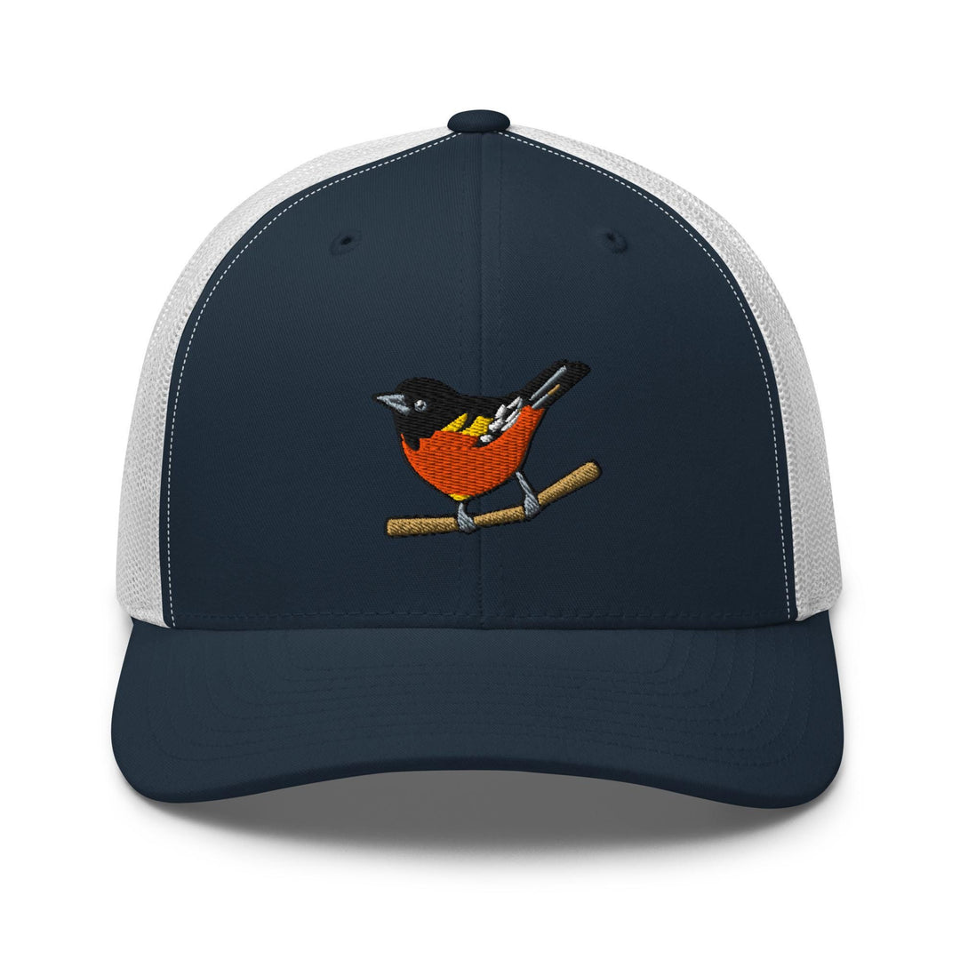 a blue and white trucker hat with a bird on it