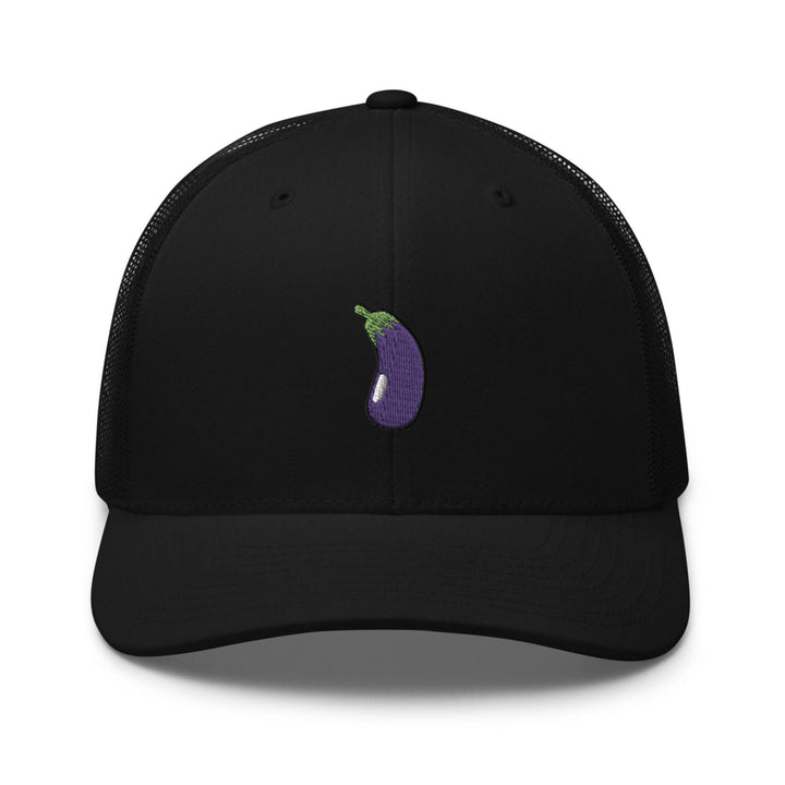 a black hat with a purple eggplant embroidered on the front