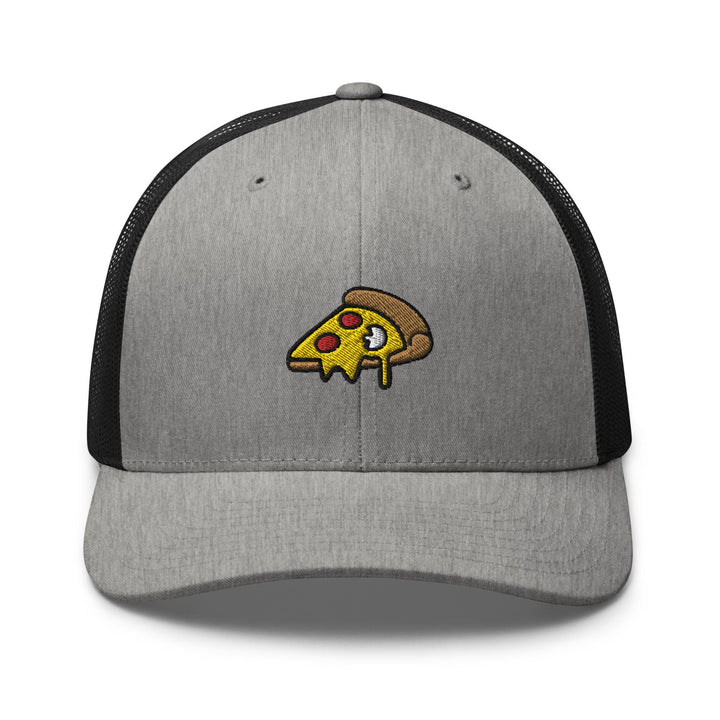 a gray and black hat with a slice of pizza on it