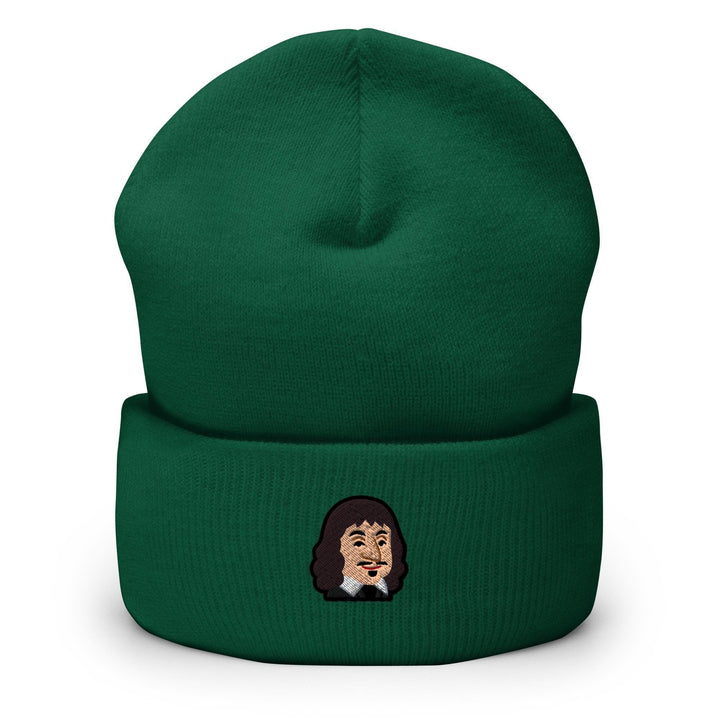 a green beanie with a picture of a man&#39;s face on it