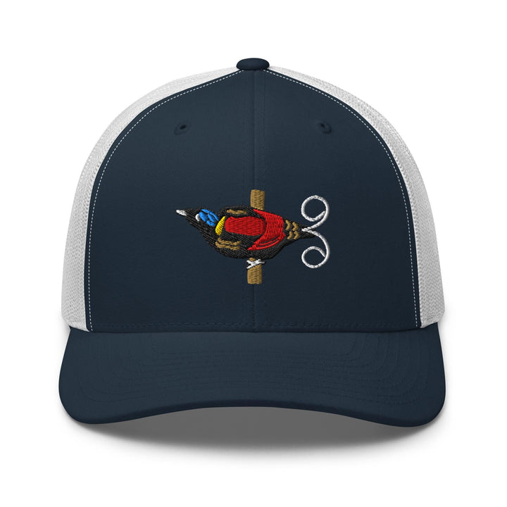 a blue and white trucker hat with a picture of a parrot on it