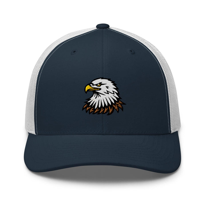 a blue and white trucker hat with an eagle on the front