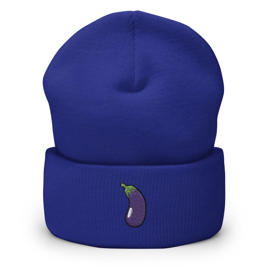 a beanie hat with an eggplant embroidered on it