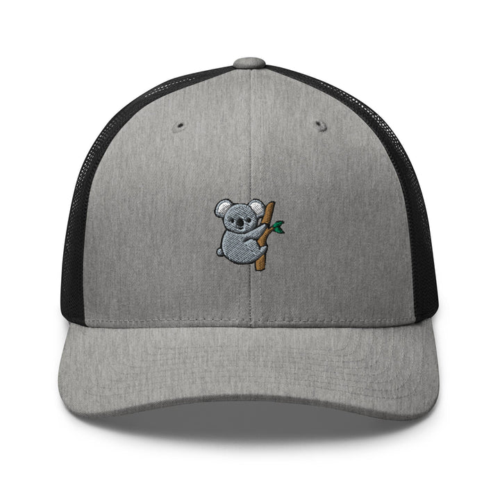 a grey and black hat with a koala on it