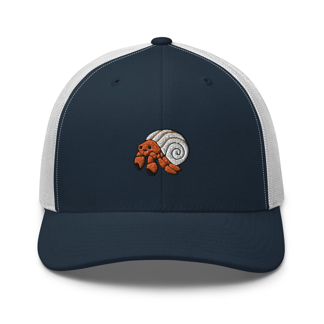 a trucker hat with an image of a snail on it
