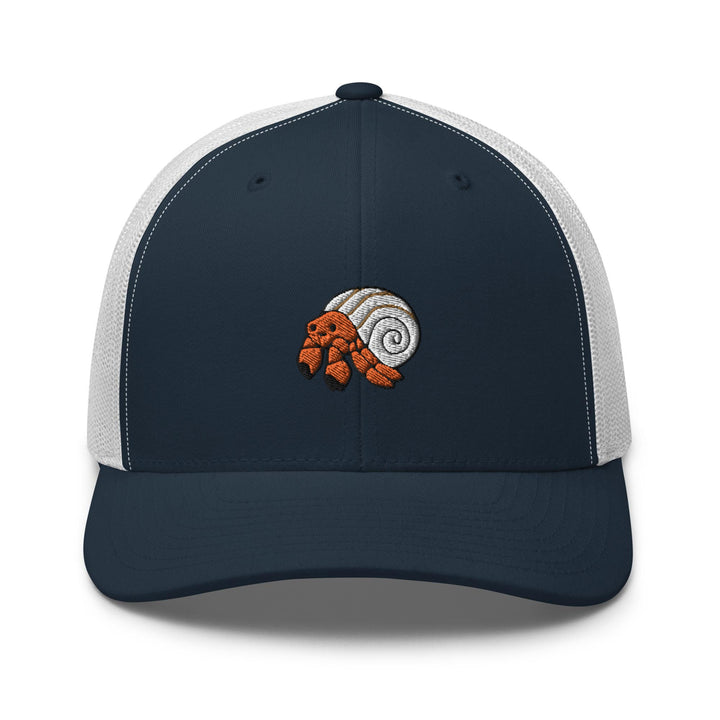 a trucker hat with an image of a snail on it