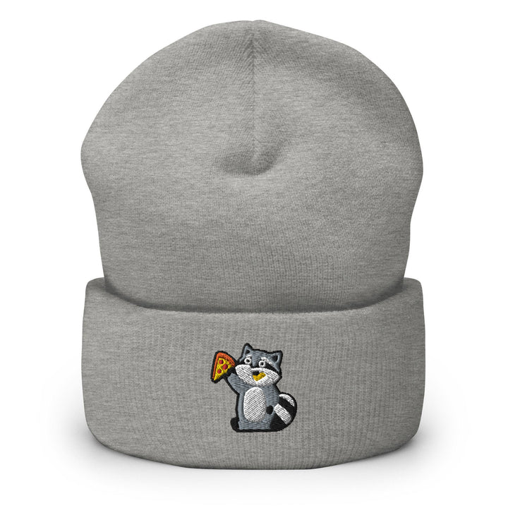 a gray beanie with a cartoon cat eating a pizza