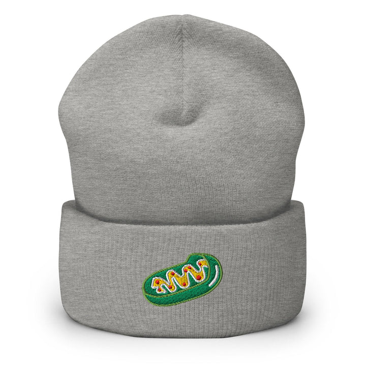 a grey beanie with a green logo on it