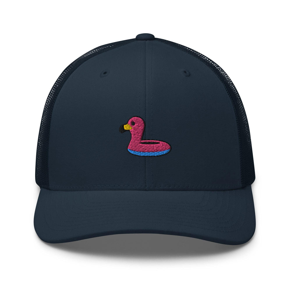 a blue hat with a pink flamingo on it