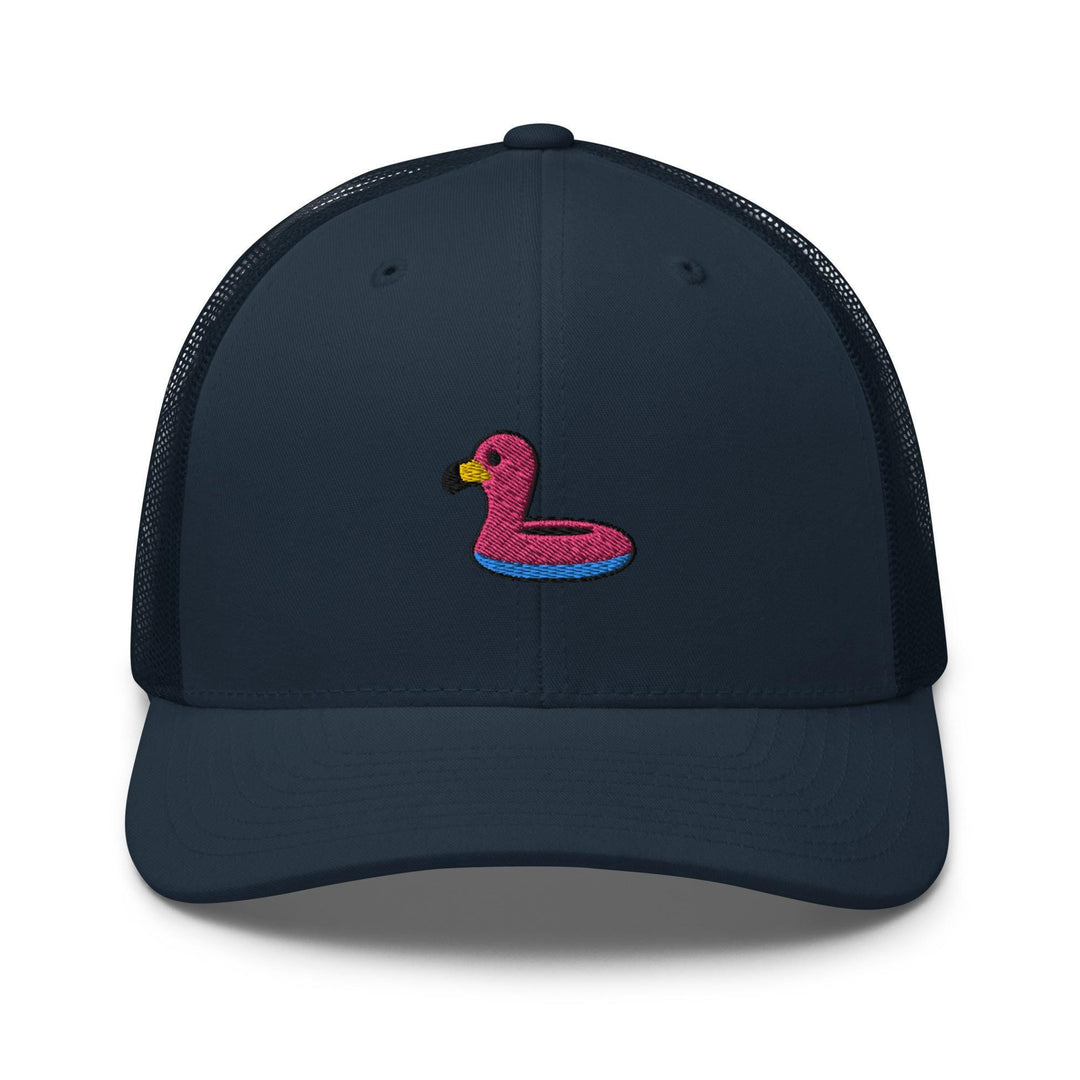 a blue hat with a pink flamingo on it