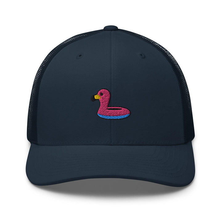 a blue hat with a pink flamingo on it