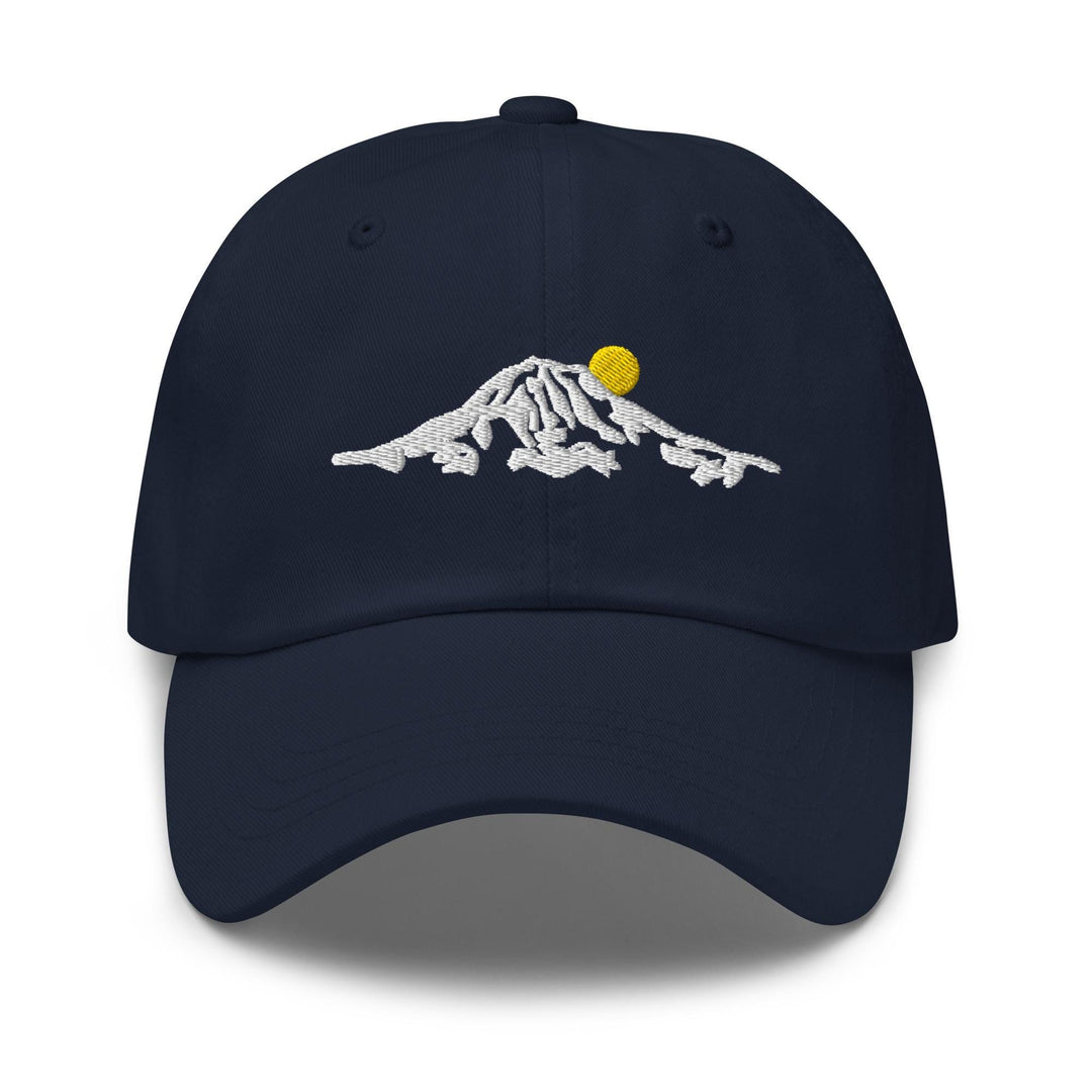 a hat with a mountain and a sun on it