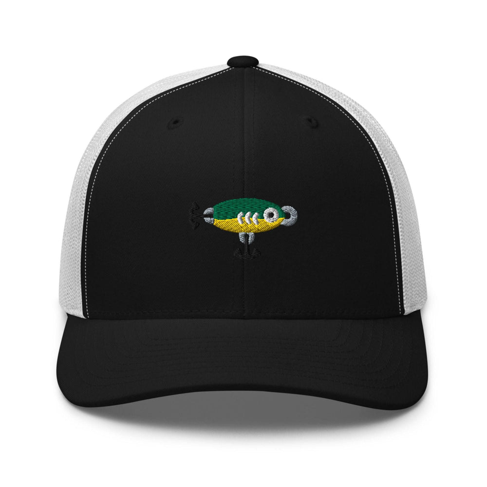 a black and white trucker hat with a fish on it