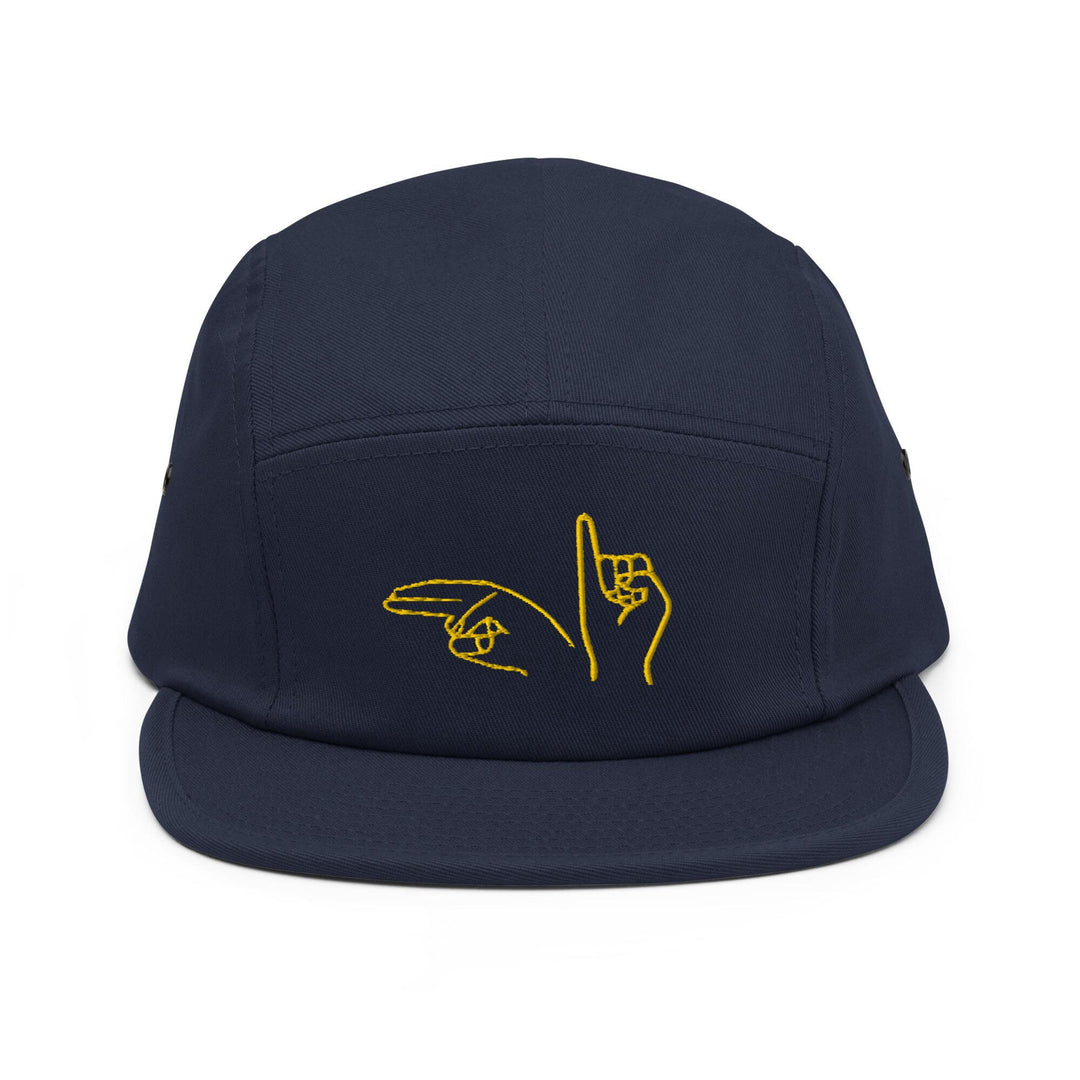 a blue hat with a yellow hand pointing at the sky