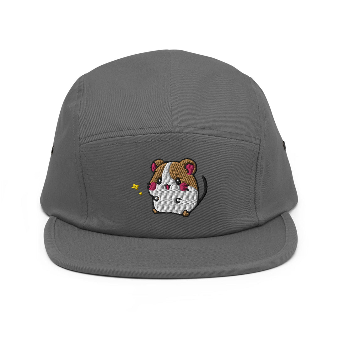 a gray hat with a dog embroidered on it