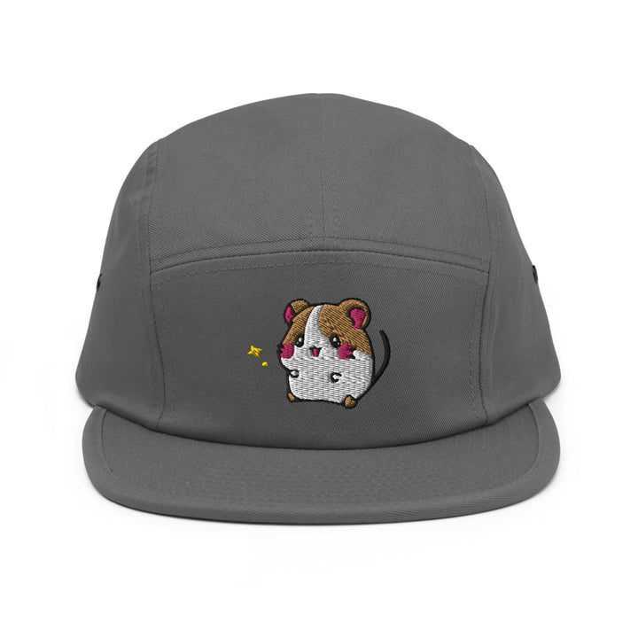 a gray hat with a dog embroidered on it