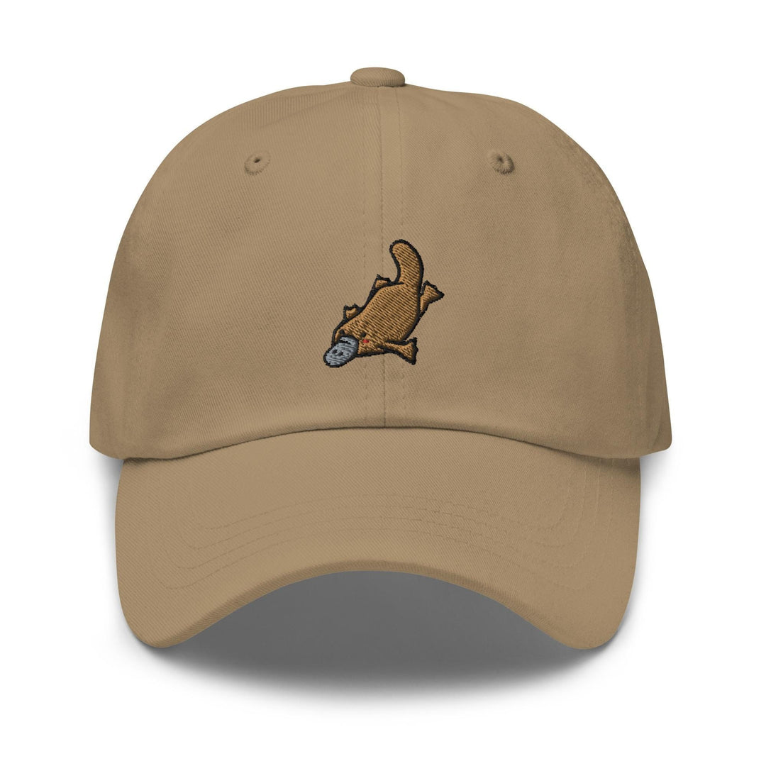 a tan hat with a fish embroidered on it