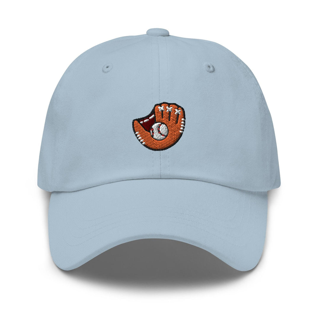 a light blue hat with a baseball glove on it
