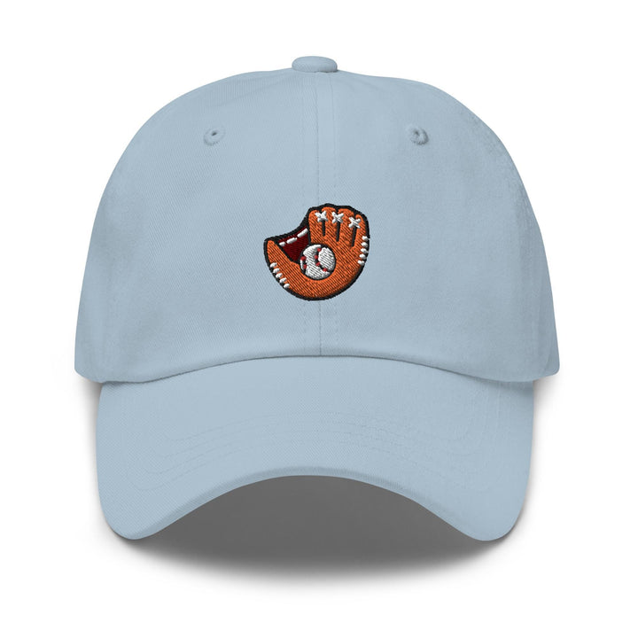 a light blue hat with a baseball glove on it
