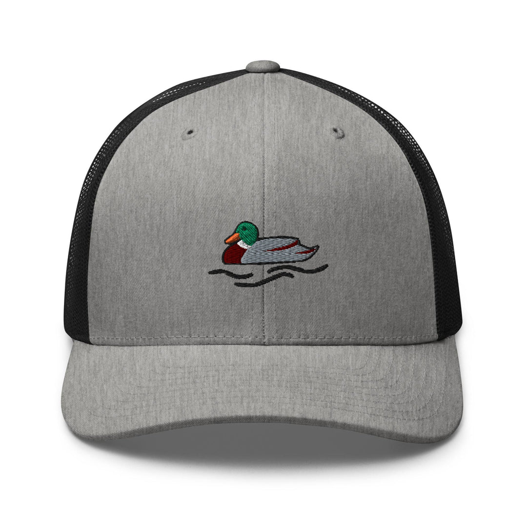 a gray and black hat with a duck on it