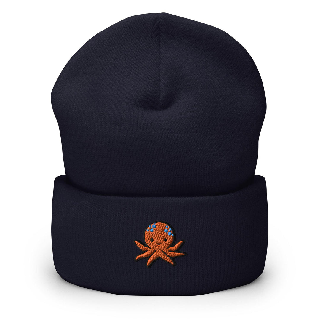 a blue beanie with an octopus embroidered on it