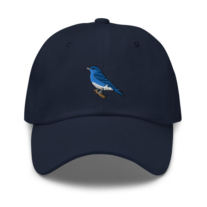 a baseball cap with a blue bird embroidered on it