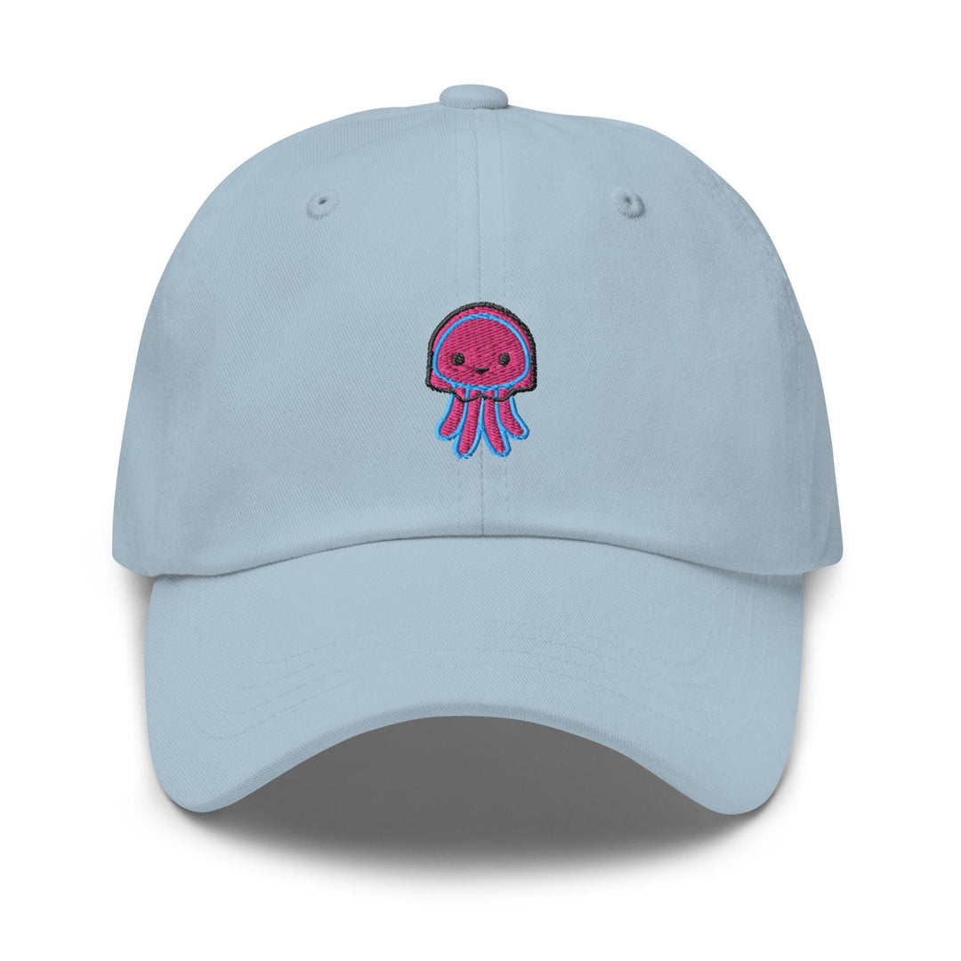 a light blue hat with a jellyfish embroidered on the front