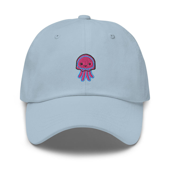 a light blue hat with a jellyfish embroidered on the front