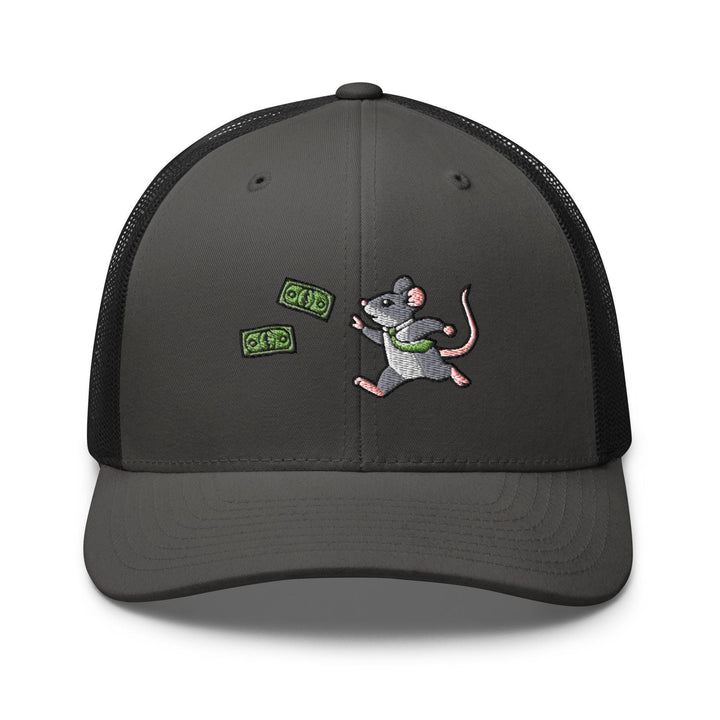 a gray and black trucker hat with a cartoon mouse on it