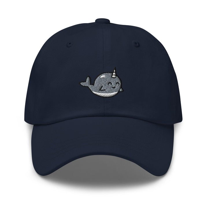 a navy hat with a whale embroidered on it