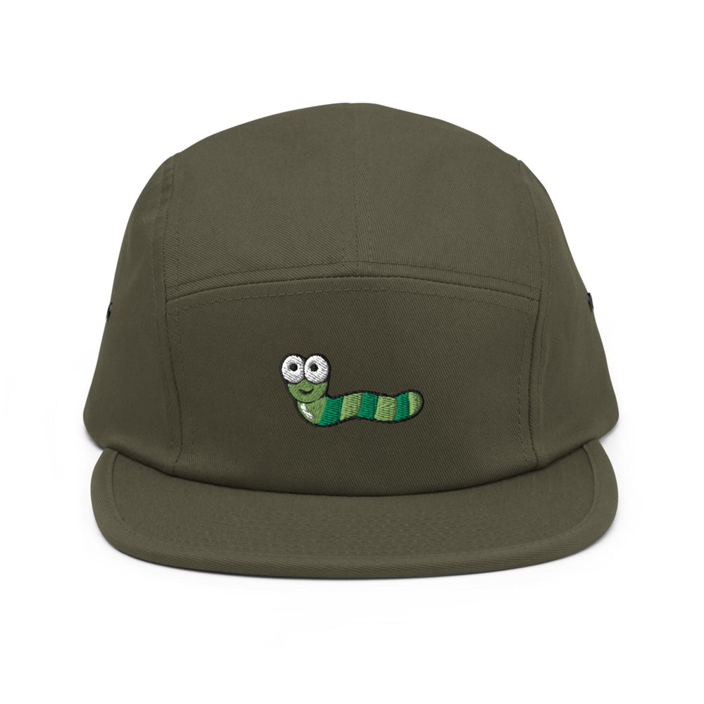 a green hat with a green caterpillar embroidered on it