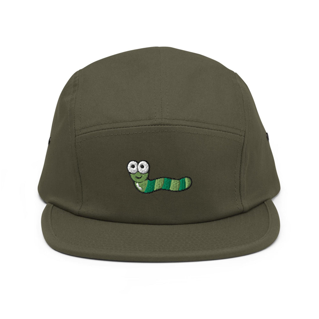 a green hat with a green caterpillar embroidered on it