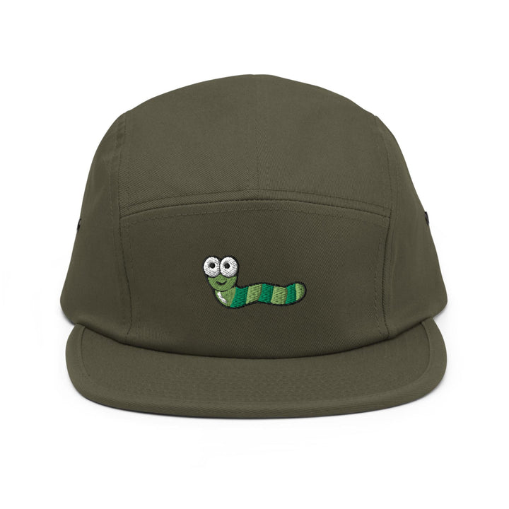 a green hat with a green caterpillar embroidered on it