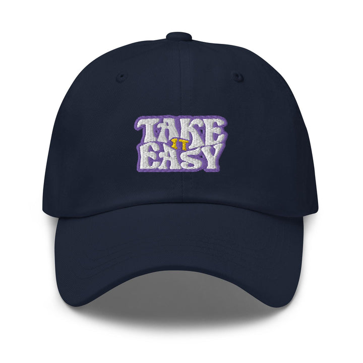 a blue hat with the words take easy on it