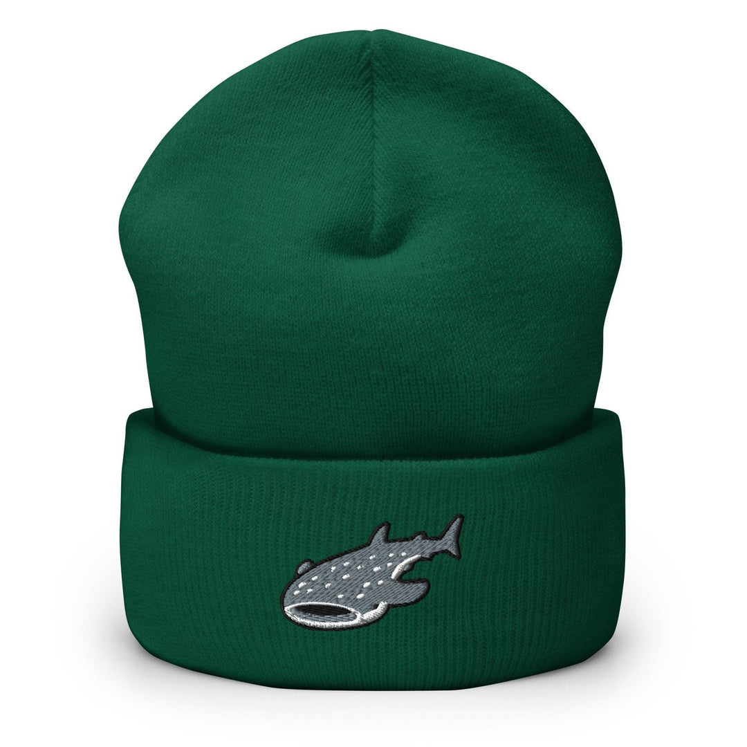 a green beanie with a fish on it