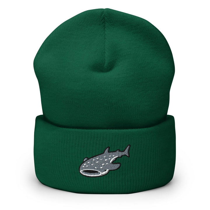 a green beanie with a fish on it